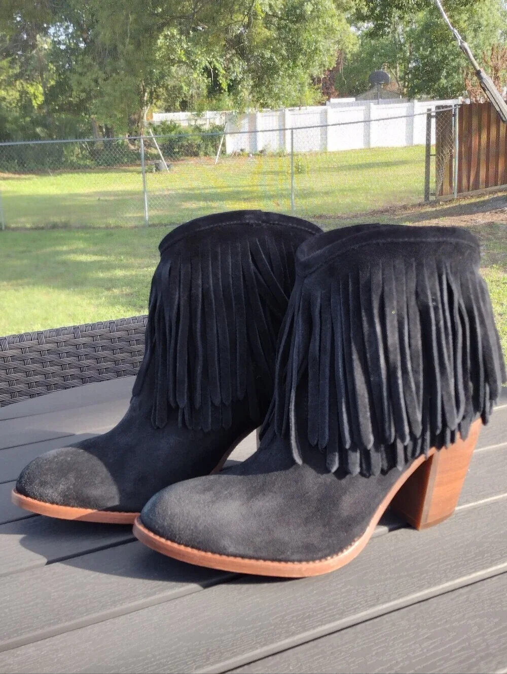 Frye Llana Black Suede Fringe Ankle Boots Western Boho Block Heel